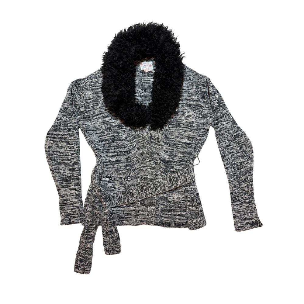 Vintage Penrose Knitwear Marled Wrap Cardigan Faux Fur Collar Black White 70s M